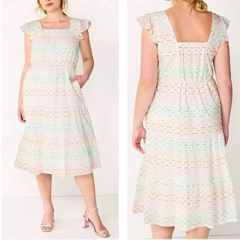 Draper James Women's Flutter Strap Smocked Midi Dress White Cotton Lined Sz S